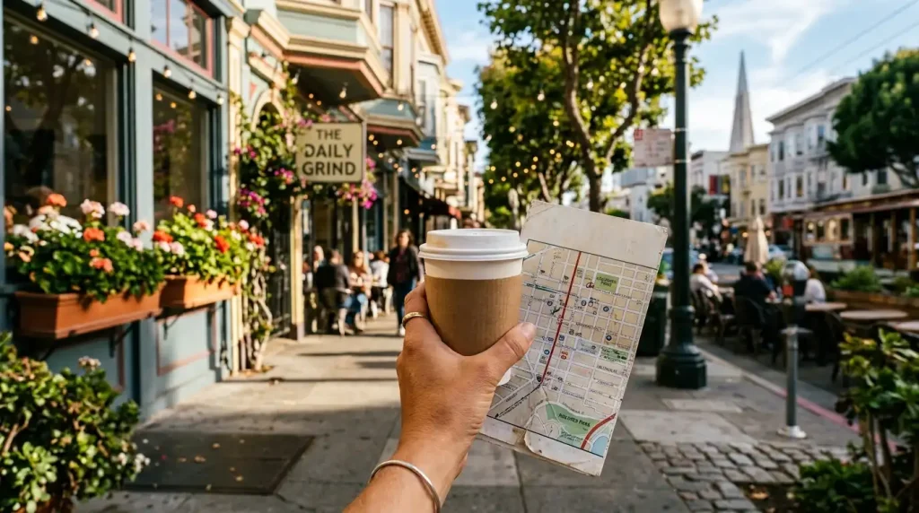 hand holding coffee and map