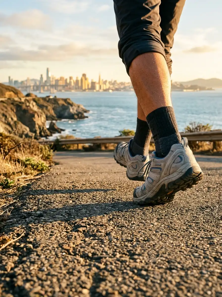 person's feet walking coastal path