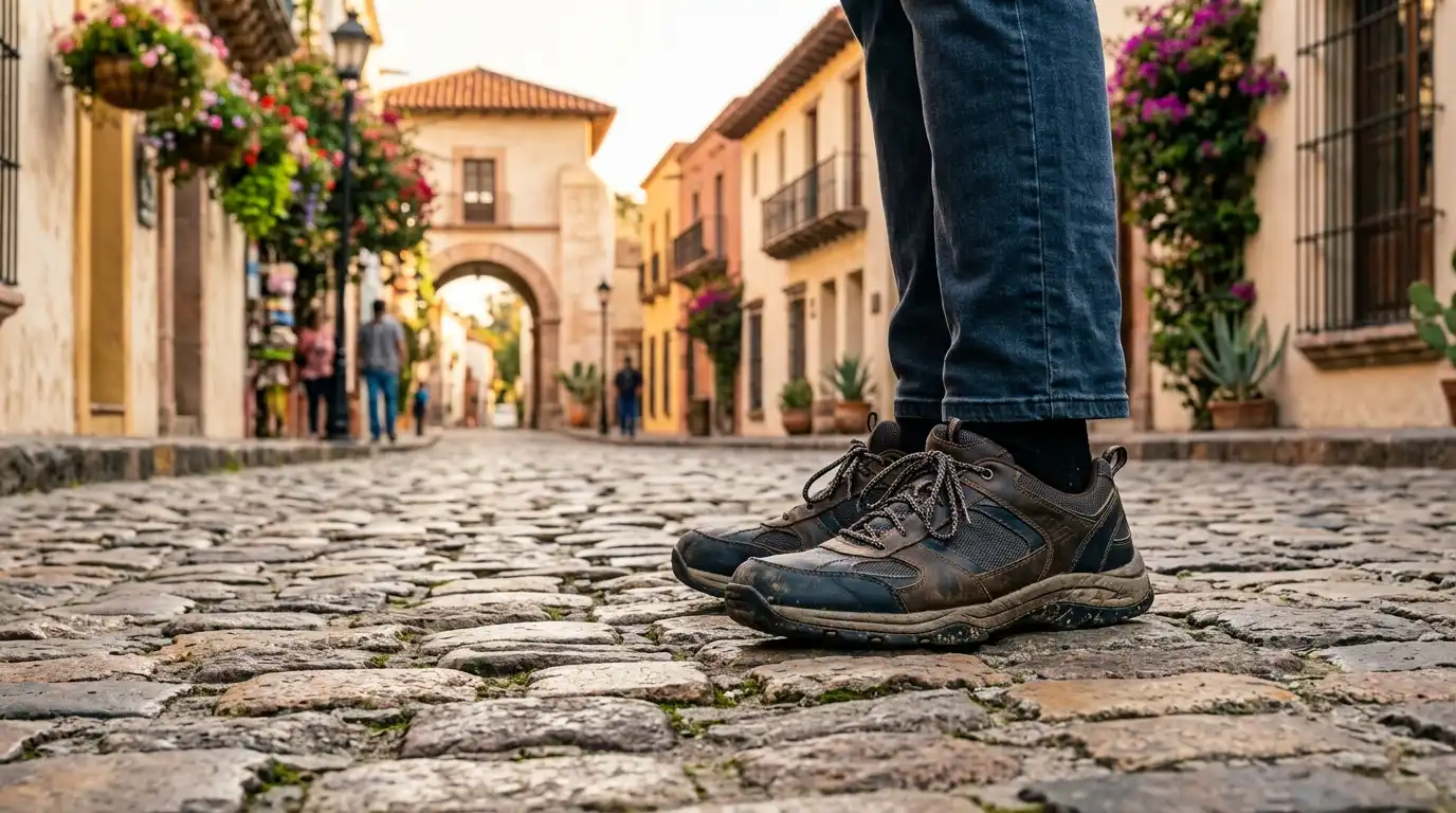 Home walking shoes on cobblestone path