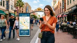 How Local Businesses Can Use Pedestrian Traffic to Drive Footfall & Sales in California's Walkable Districts customer holding smartphone